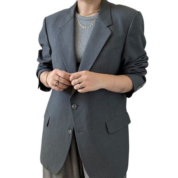 Vintage Christian Dior Gray Wool Pinstripe Oversized Blazer Sport Coat 44R